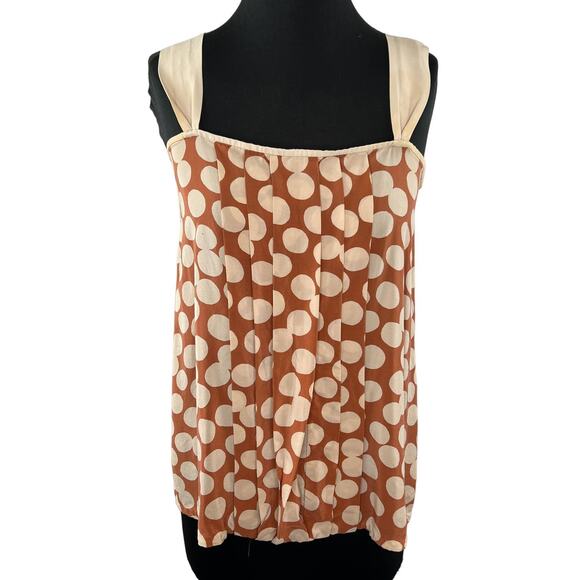 VTG Katy Rodriguez Tan & Cream Polka Dot 100% Silk Pleated Tank Top Blouse 6 USA - Picture 1 of 8